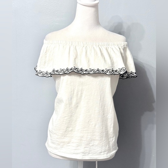 J. Crew Tops - #5)  J. Crew Off-Shoulder 100% Cotton White Blouse with blue Embroidery